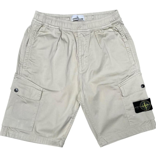 Stone Island beige cargo shorts with logo patch and multiple pockets.