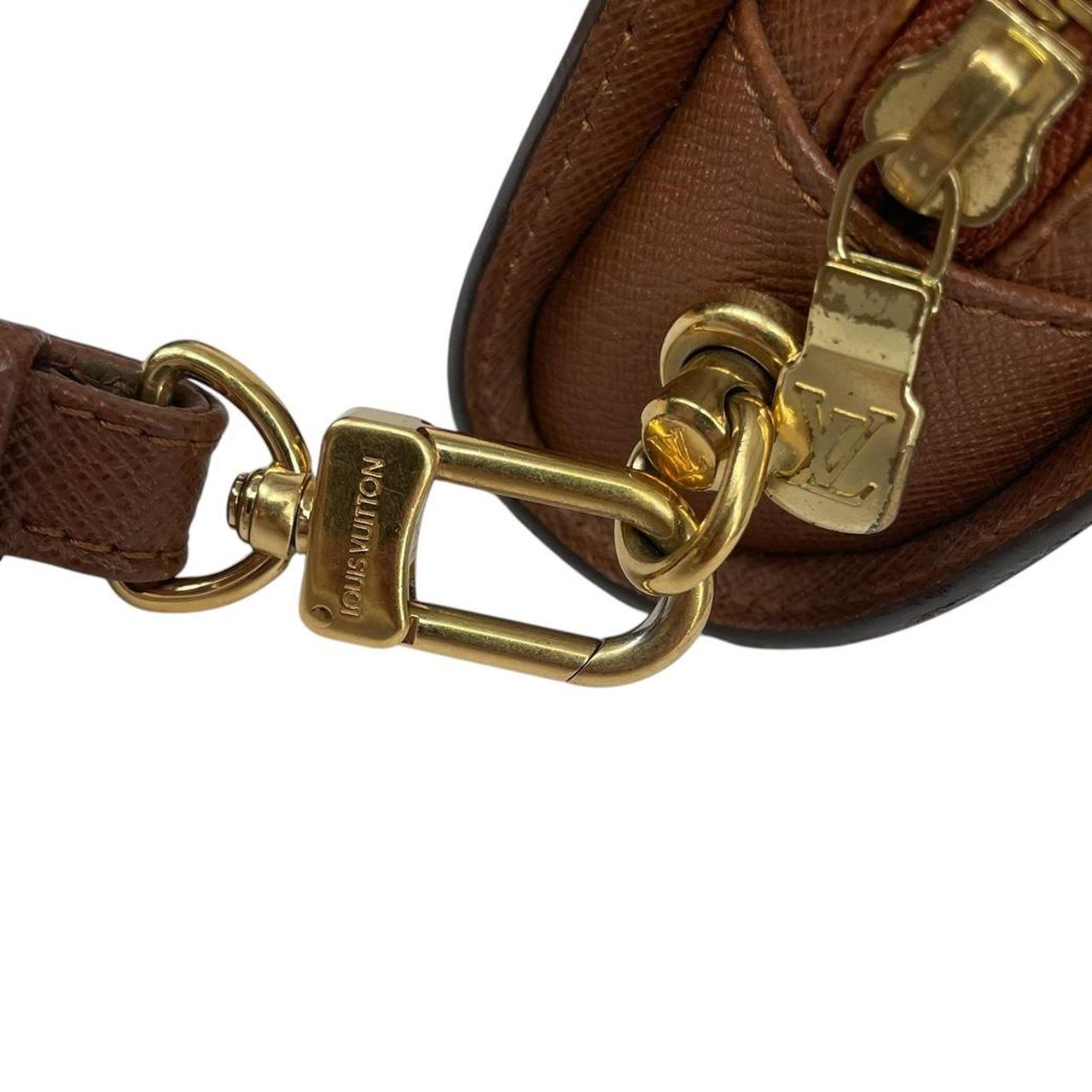 Louis Vuitton brown and tan monogram Orsay clutch bag with iconic logo pattern.