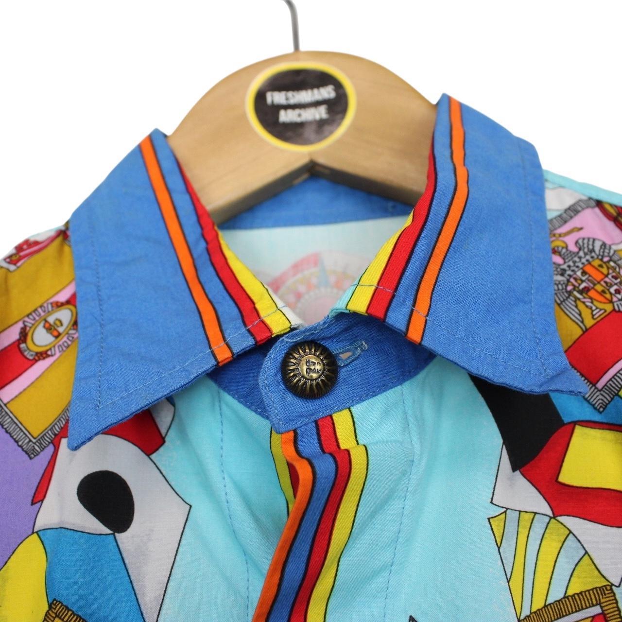 Vintage 90s Versace Sport Multicoloured Ships Print Short Sleeve Cotton Shirt