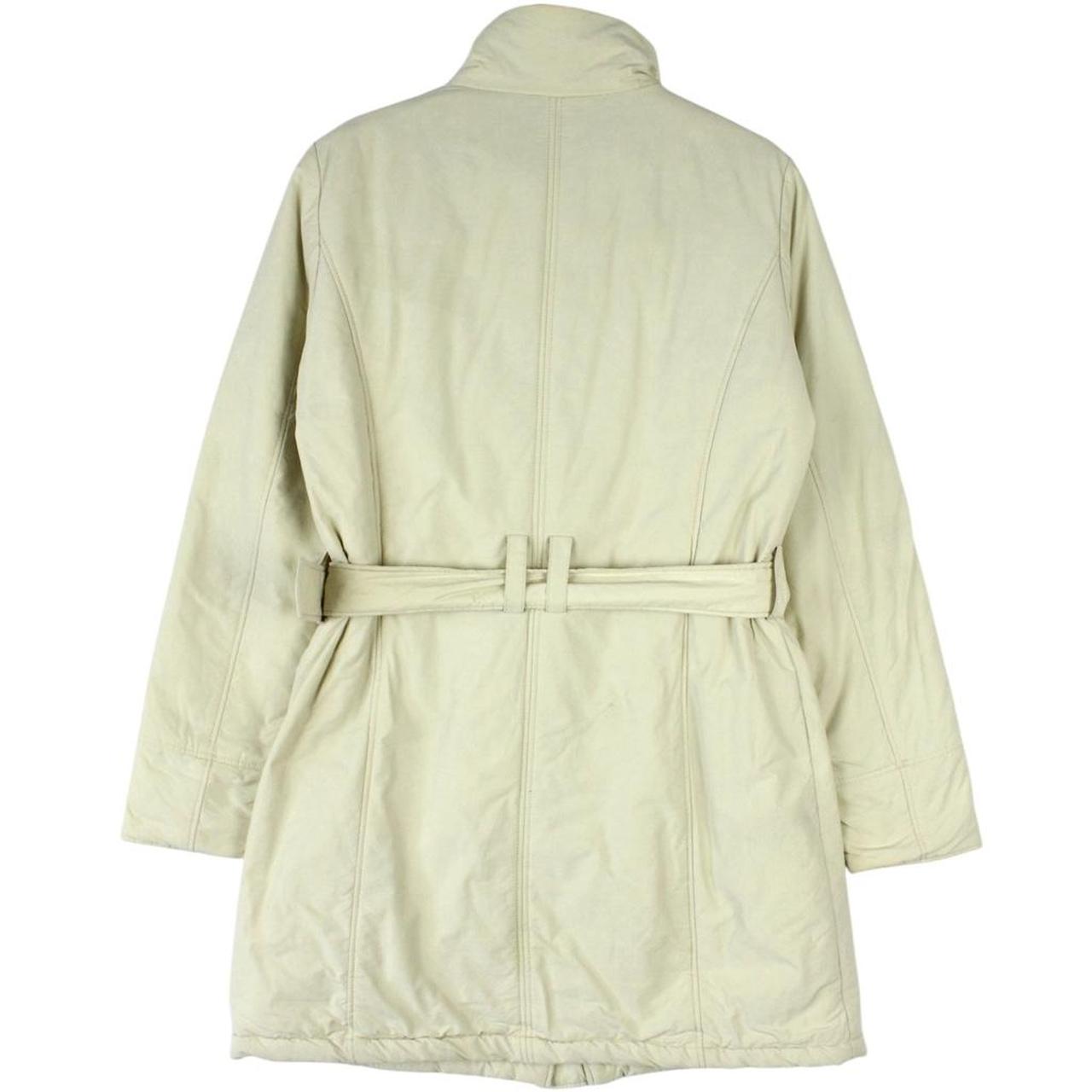 Burberry cream belted down jacket with classic logo and quilted texture.