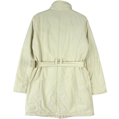 Burberry cream belted down jacket with classic logo and quilted texture.