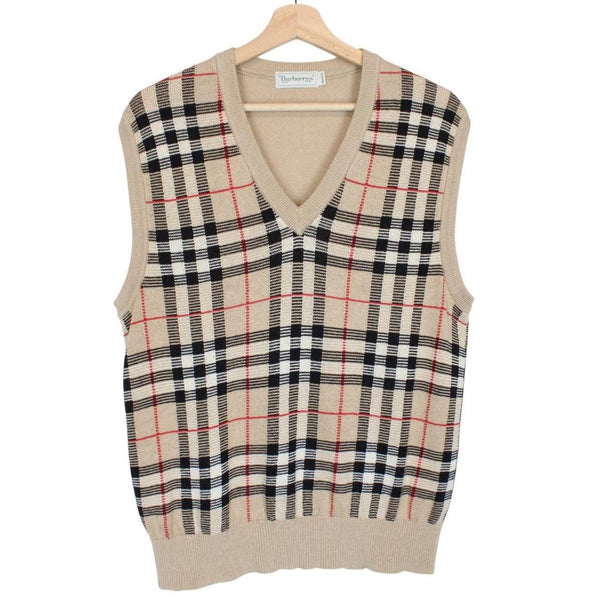 Vintage 90s Burberry Beige Nova Check Wool Knit Sweater Vest
