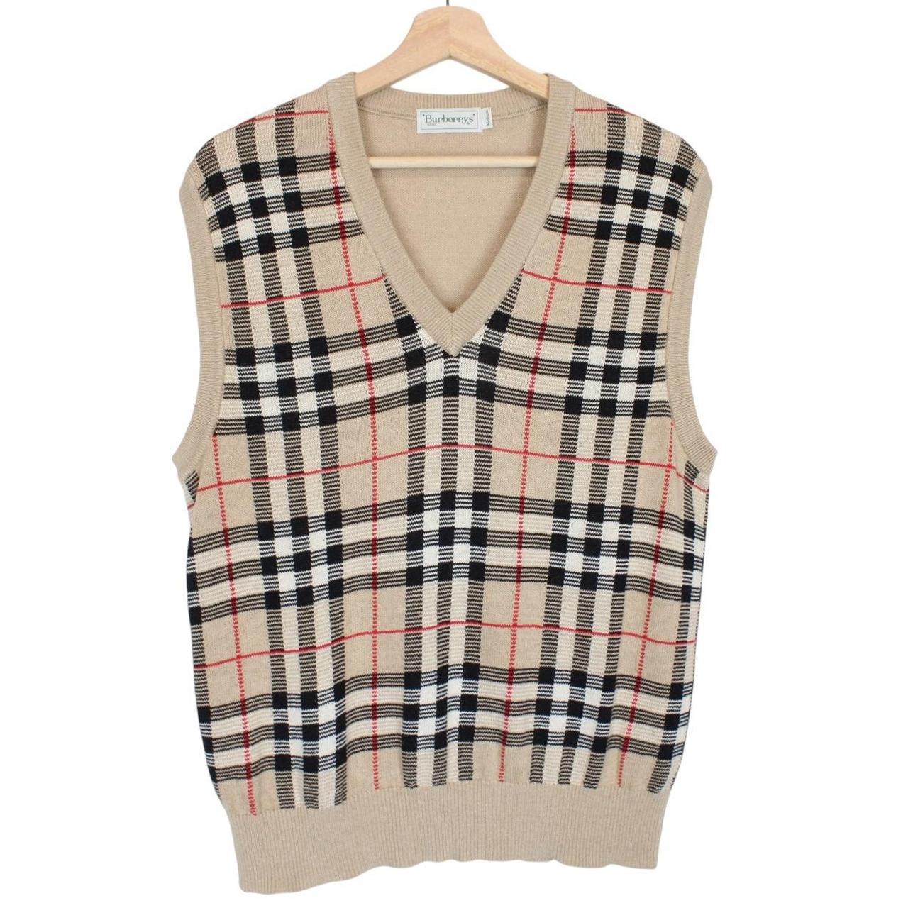 Vintage 90s Burberry Beige Nova Check Wool Knit Sweater Vest