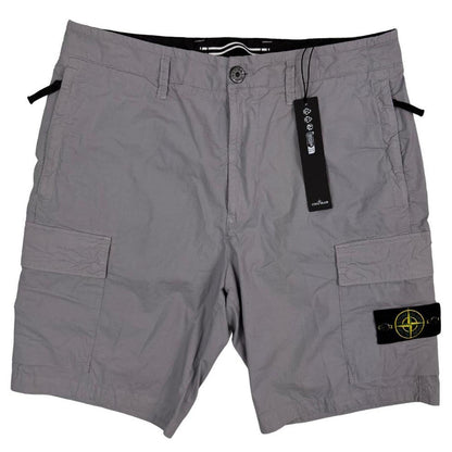 Stone Island grey cargo shorts with logo patch and multiple pockets in cotton material.
