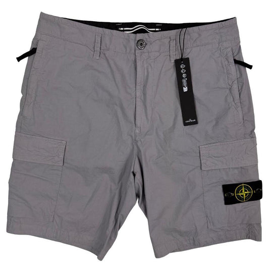 Stone Island grey cargo shorts with logo patch and multiple pockets in cotton material.