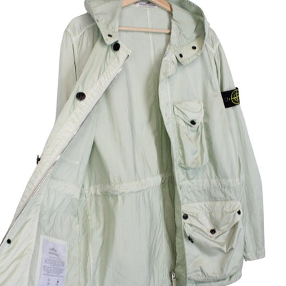 Stone Island mint green multi pocket jacket with logo patch and nylon material.