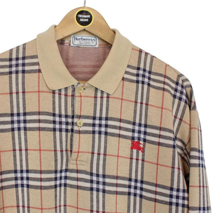 Vintage 90s Burberry Tan Brown Nova Check Long Sleeve Cotton Polo Shirt
