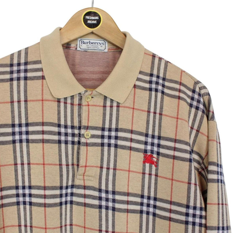 Vintage 90s Burberry Tan Brown Nova Check Long Sleeve Cotton Polo Shirt