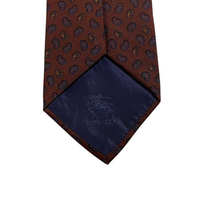 Burberry brown silk tie with vintage paisley print design and logo detail.