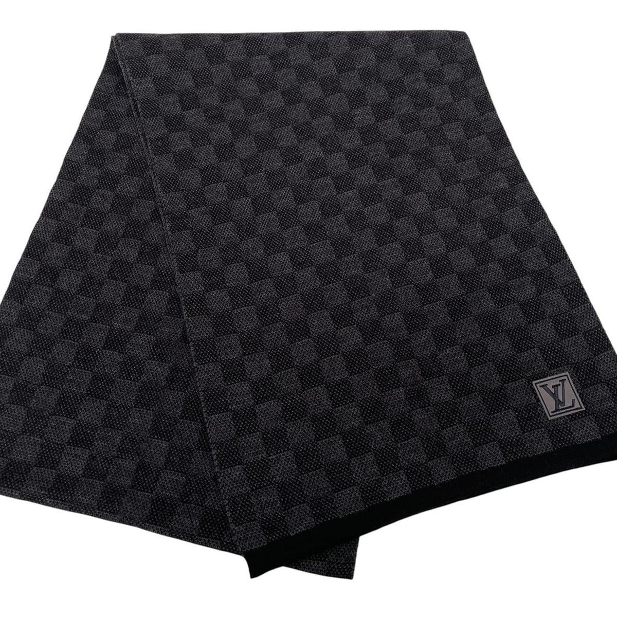 Louis Vuitton wool scarf black grey Damier pattern with tags and logo.