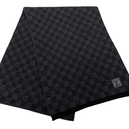 Louis Vuitton wool scarf black grey Damier pattern with tags and logo.