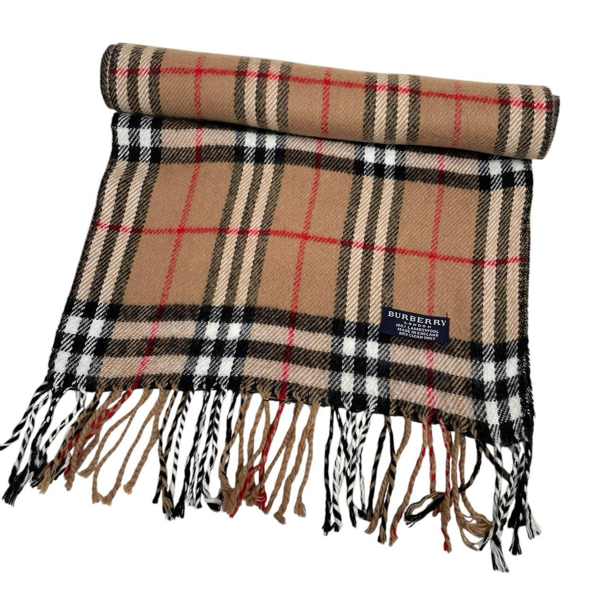 Burberry tan brown lambswool scarf featuring classic Nova Check pattern.