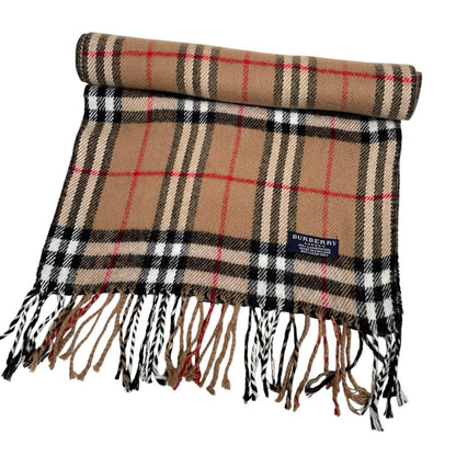 Burberry tan brown lambswool scarf featuring classic Nova Check pattern.