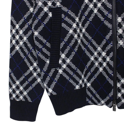 Burberry Navy Blue and White Wool Blend Knit Full Zip Jumper