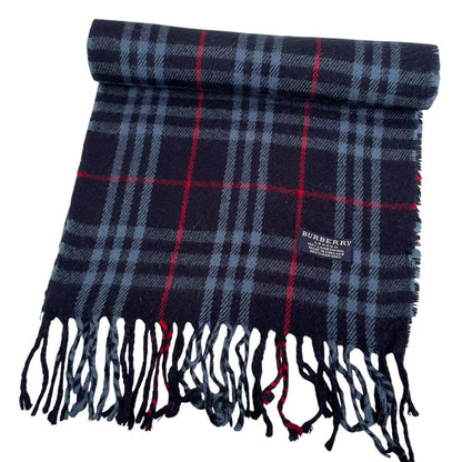 Vintage 90s Burberry Navy Blue Nova Check Lambswool Scarf