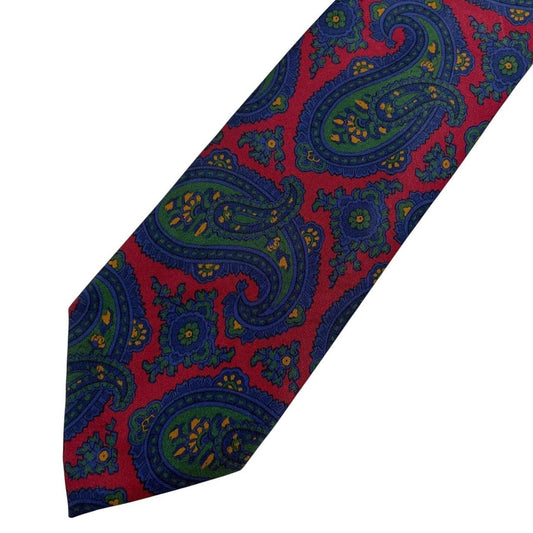 Polo Ralph Lauren multicoloured paisley print silk tie with vibrant patterns and luxurious texture.