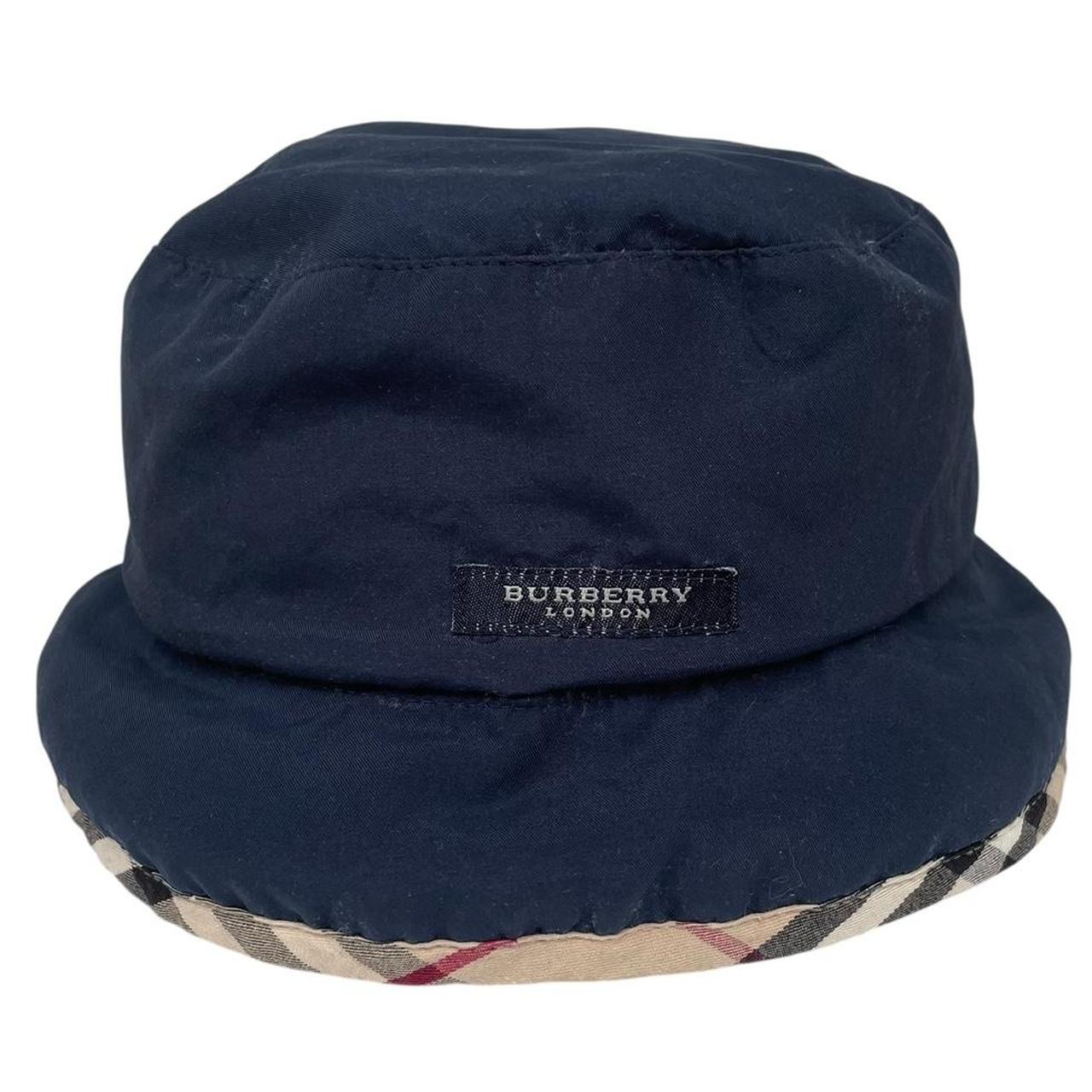 Burberry London Beige and Navy Blue Nova Check Reversible Bucket Hat