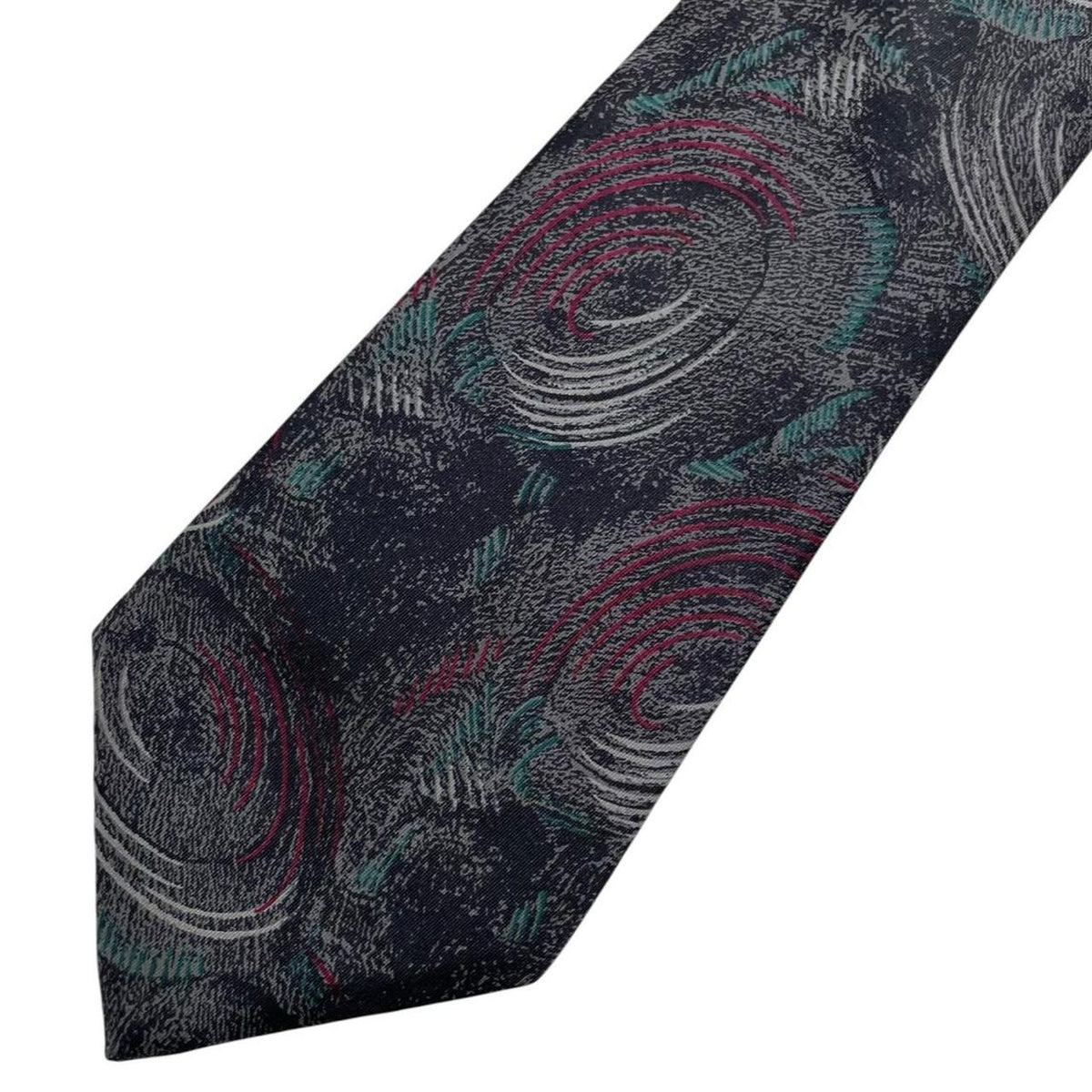Lanvin multicoloured abstract print silk tie featuring vibrant patterns in black, green, and red.