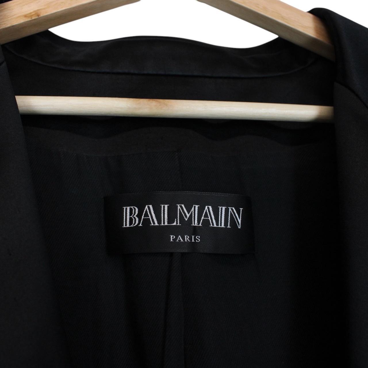 Balmain black cropped blazer jacket silk blend with gold buttons and logo detailing.
