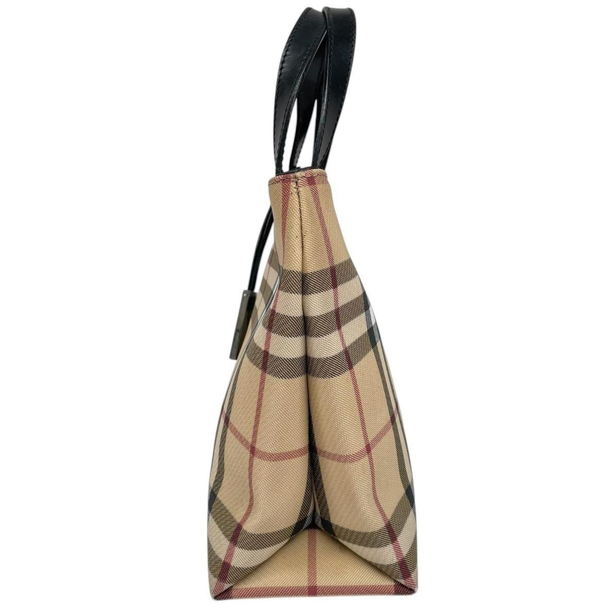 Burberry beige mini tote bag with Nova Check pattern and leather accents.