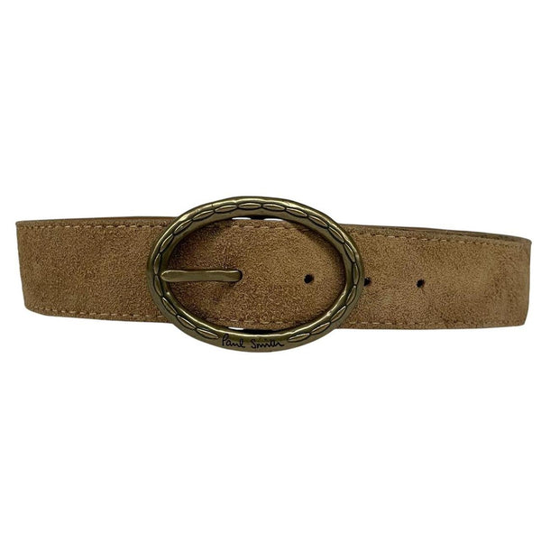 Paul Smith tan brown suede belt with brass buckle and visible wear marks.