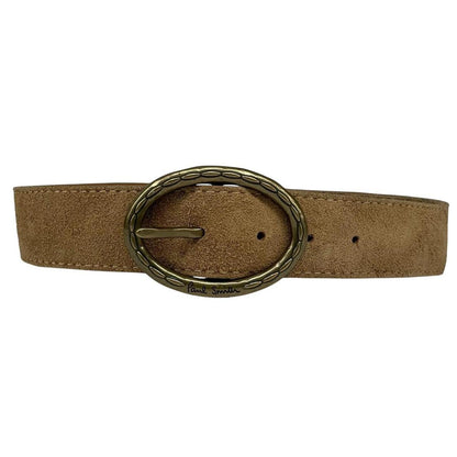 Paul Smith tan brown suede belt with brass buckle and visible wear marks.