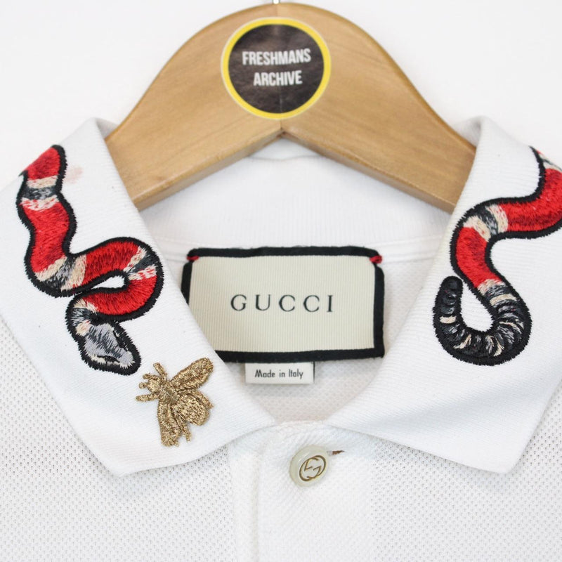 Gucci White Kingsnake Embroidered Short Sleeve Cotton Polo Shirt