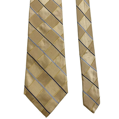 Michael Kors gold silk tie with striped pattern and logo detail.