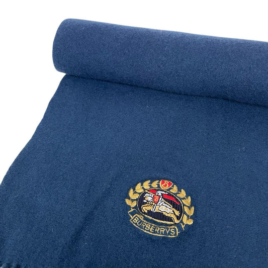 Burberry blue lambswool scarf with embroidered logo and vintage 90s design.