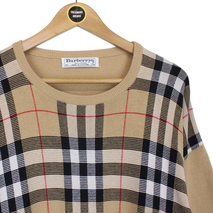 Vintage 90s Burberry Tan Brown Nova Check Cotton Knit Jumper