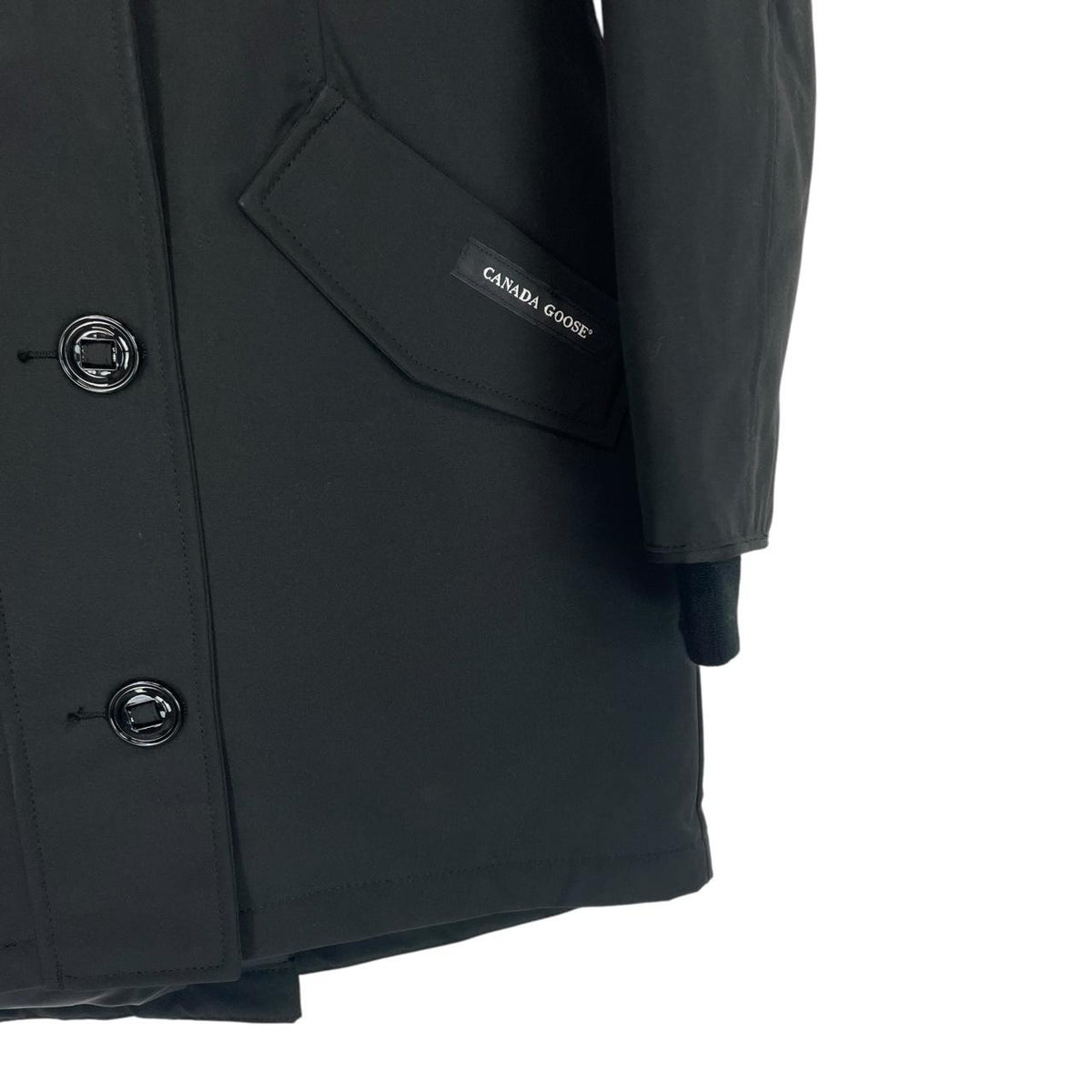 Canada Goose black parka coat with fur trim and logo patch, brand new with tags.