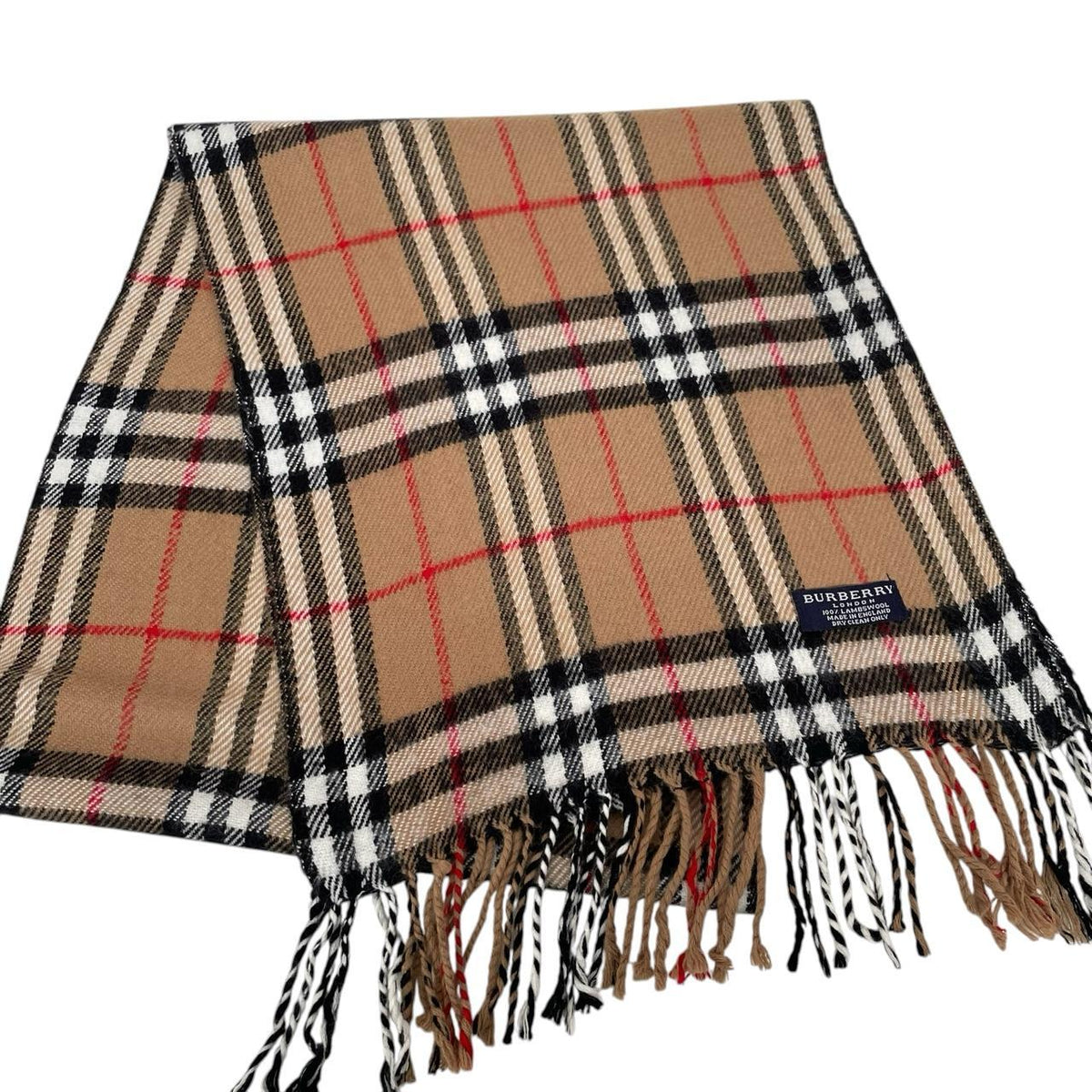 Burberry tan brown lambswool scarf featuring classic Nova Check pattern.