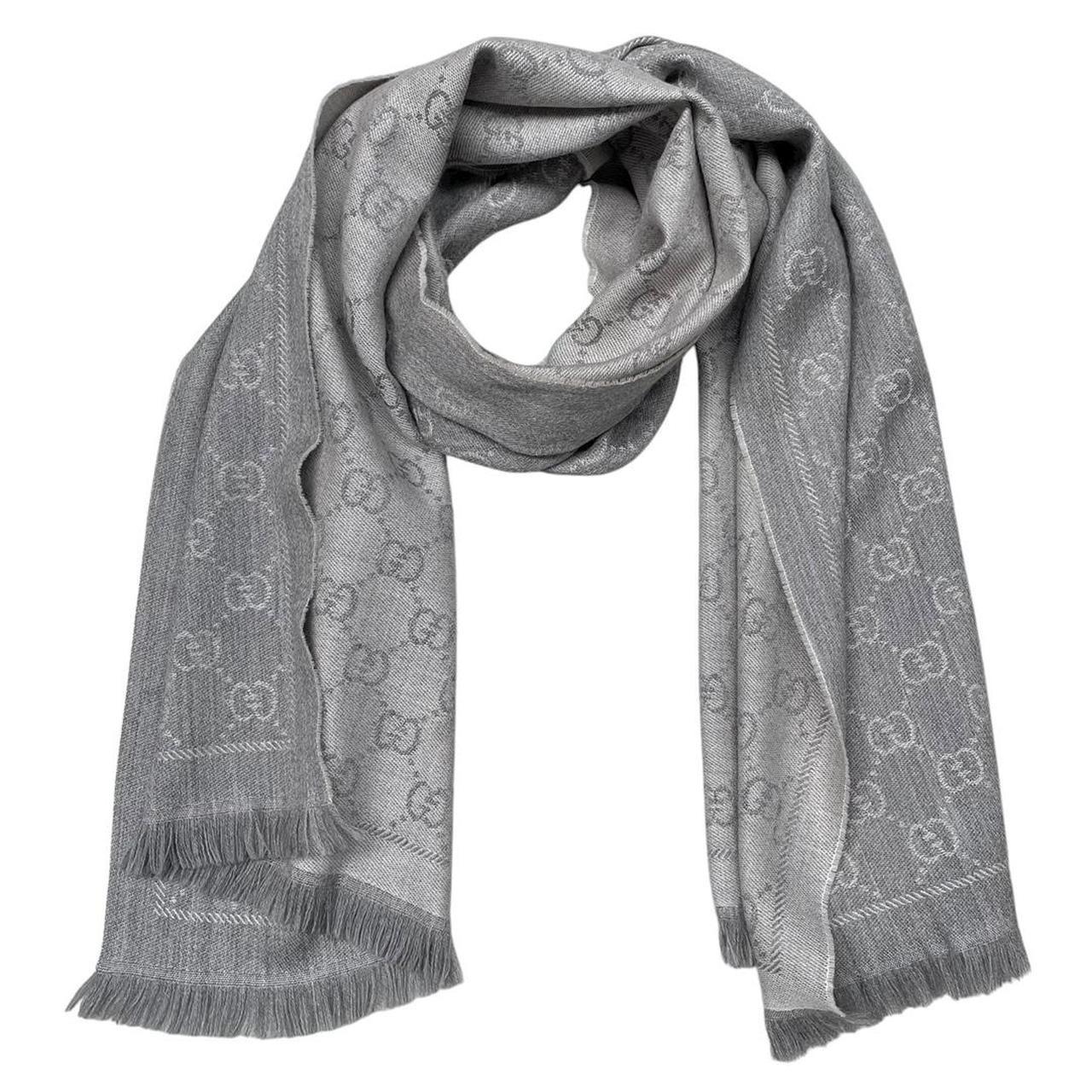 Gucci Grey GG Monogram Frayed Wool Scarf