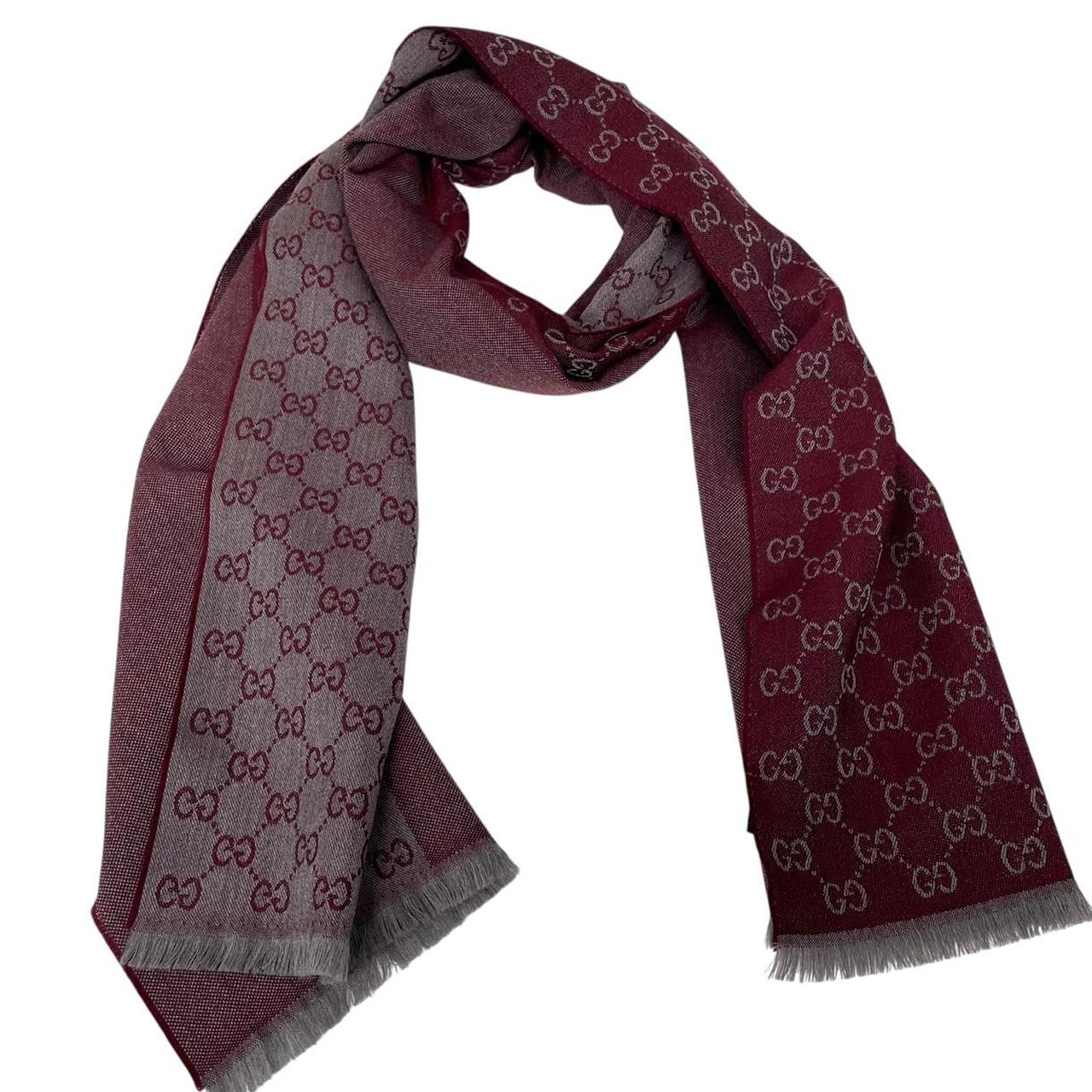 Gucci Burgundy and Grey Half GG Monogram Frayed Wool Scarf