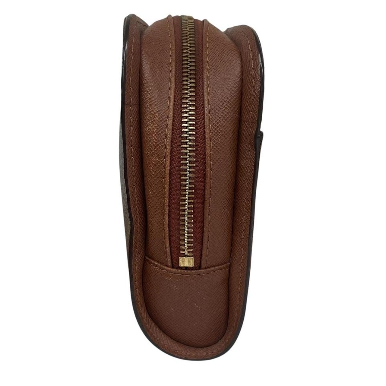 Louis Vuitton brown and tan monogram Orsay clutch bag with iconic logo pattern.