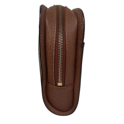 Louis Vuitton brown and tan monogram Orsay clutch bag with iconic logo pattern.