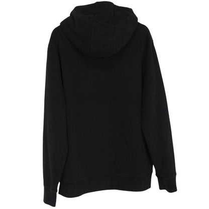 Moncler black hoodie jumper featuring logo patch and cotton material.