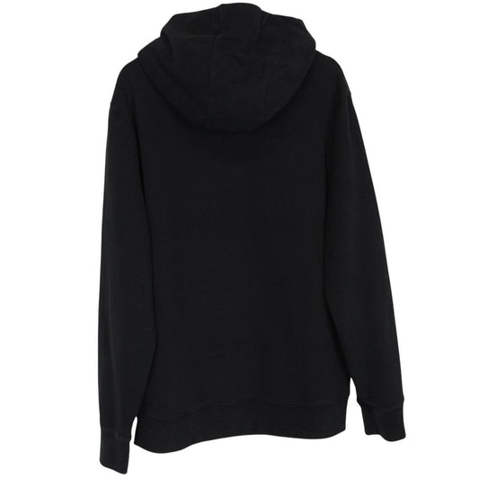 Moncler black hoodie jumper featuring logo patch and cotton material.