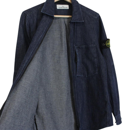 Stone Island navy blue denim overshirt jacket with full zip and logo patch.