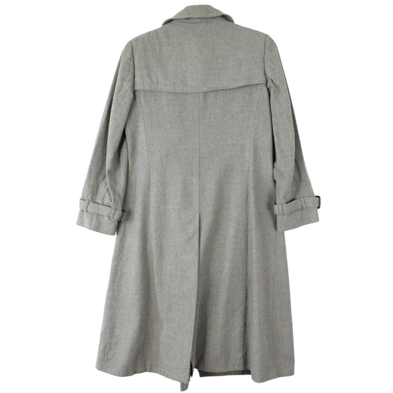 Burberry grey double breasted wool trench coat with classic check lining and logo buttons.
