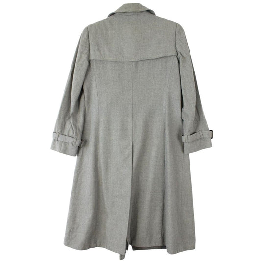 Burberry grey double breasted wool trench coat with classic check lining and logo buttons.