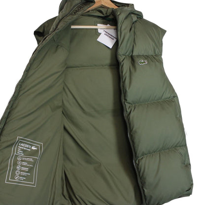 Lacoste khaki green bodywarmer full zip with signature crocodile logo and water-repellent material.