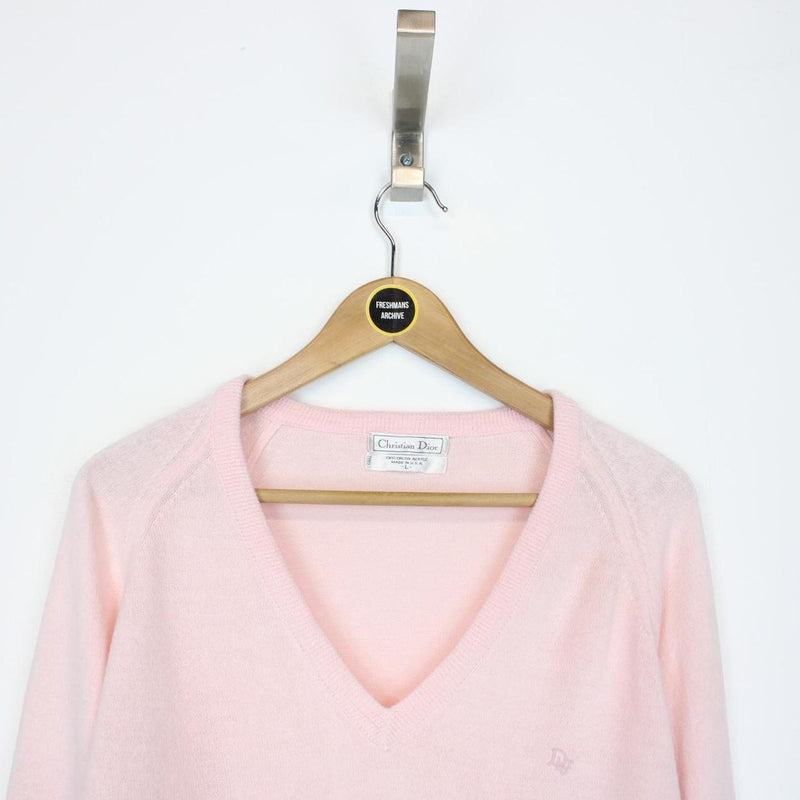 Vintage 90s Christian Dior Pink Orlon Arcylic Knit V-Neck Jumper