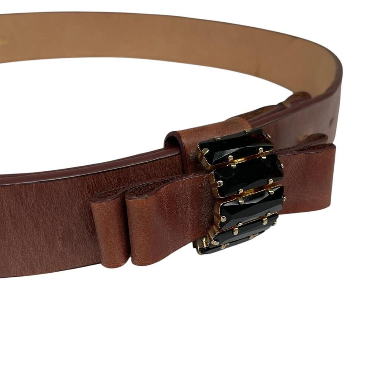 Paul Smith brown leather belt with jewelled buckle and logo detail.