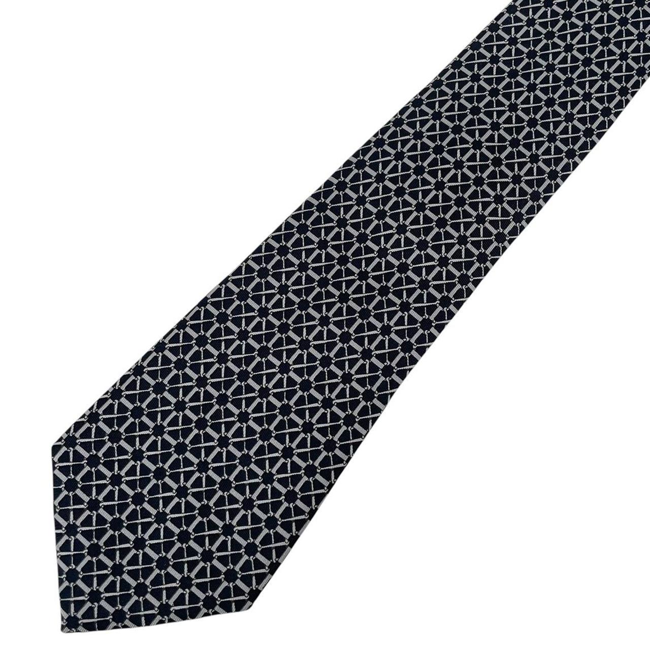 Hermes Paris Navy Blue and Grey Silk Tie