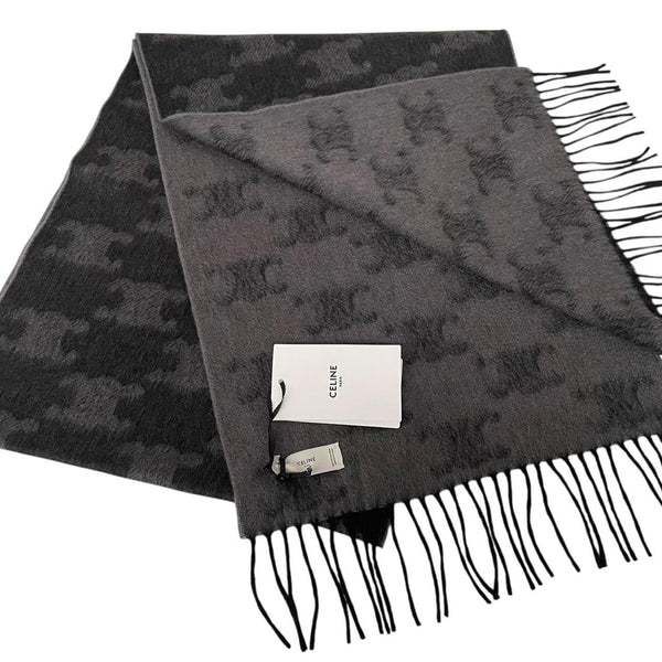 Celine Grey and Black Triomphe Fringed Monogram Cashmere Wool Scarf