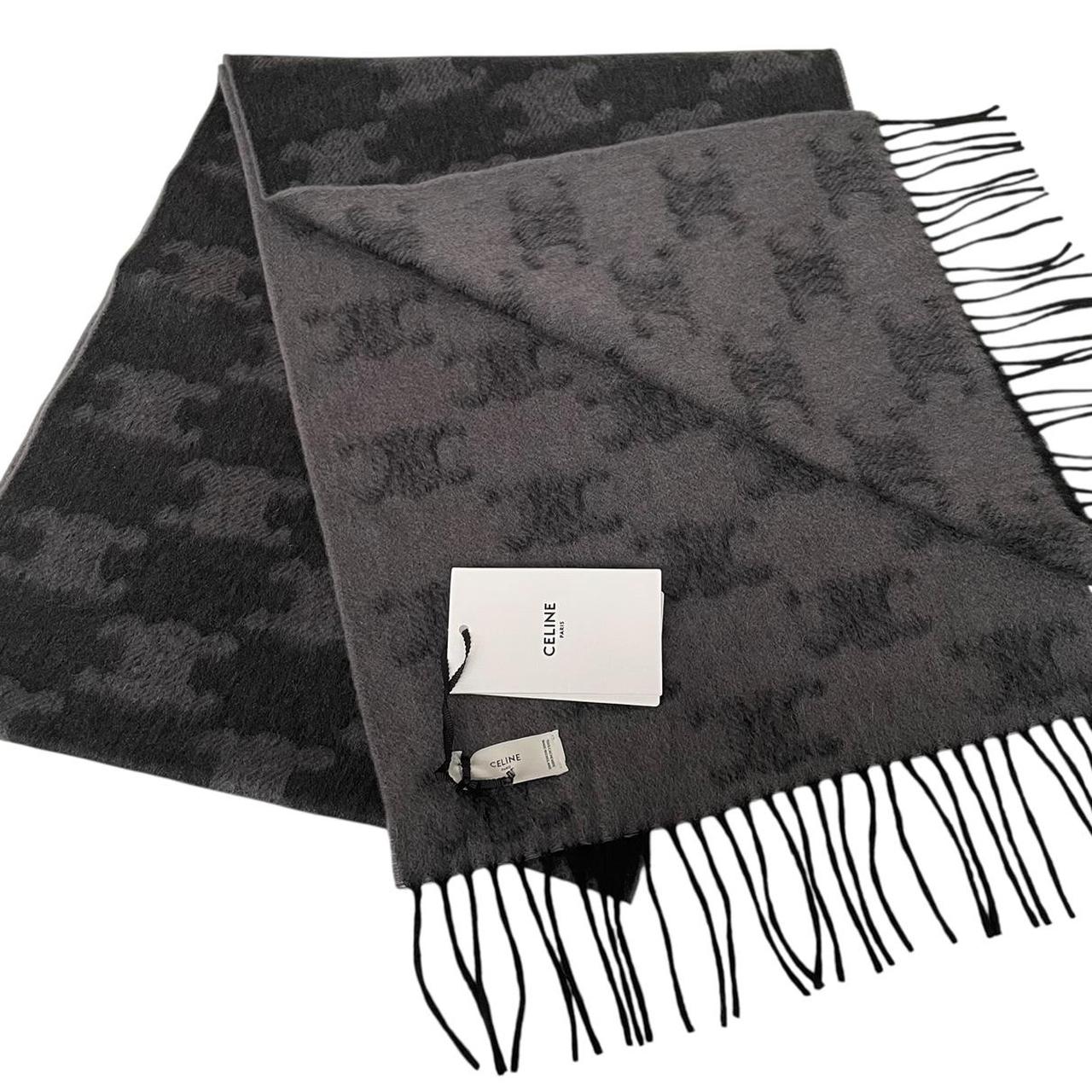 Celine Grey and Black Triomphe Fringed Monogram Cashmere Wool Scarf