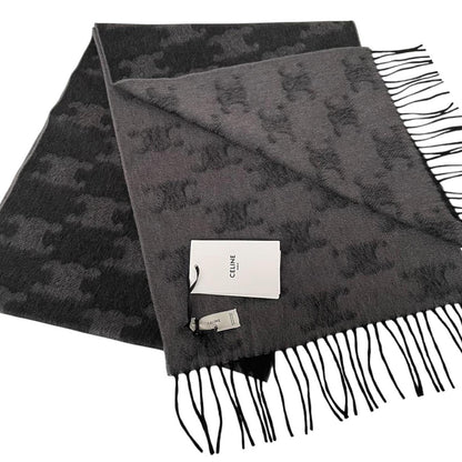 Celine Grey and Black Triomphe Fringed Monogram Cashmere Wool Scarf
