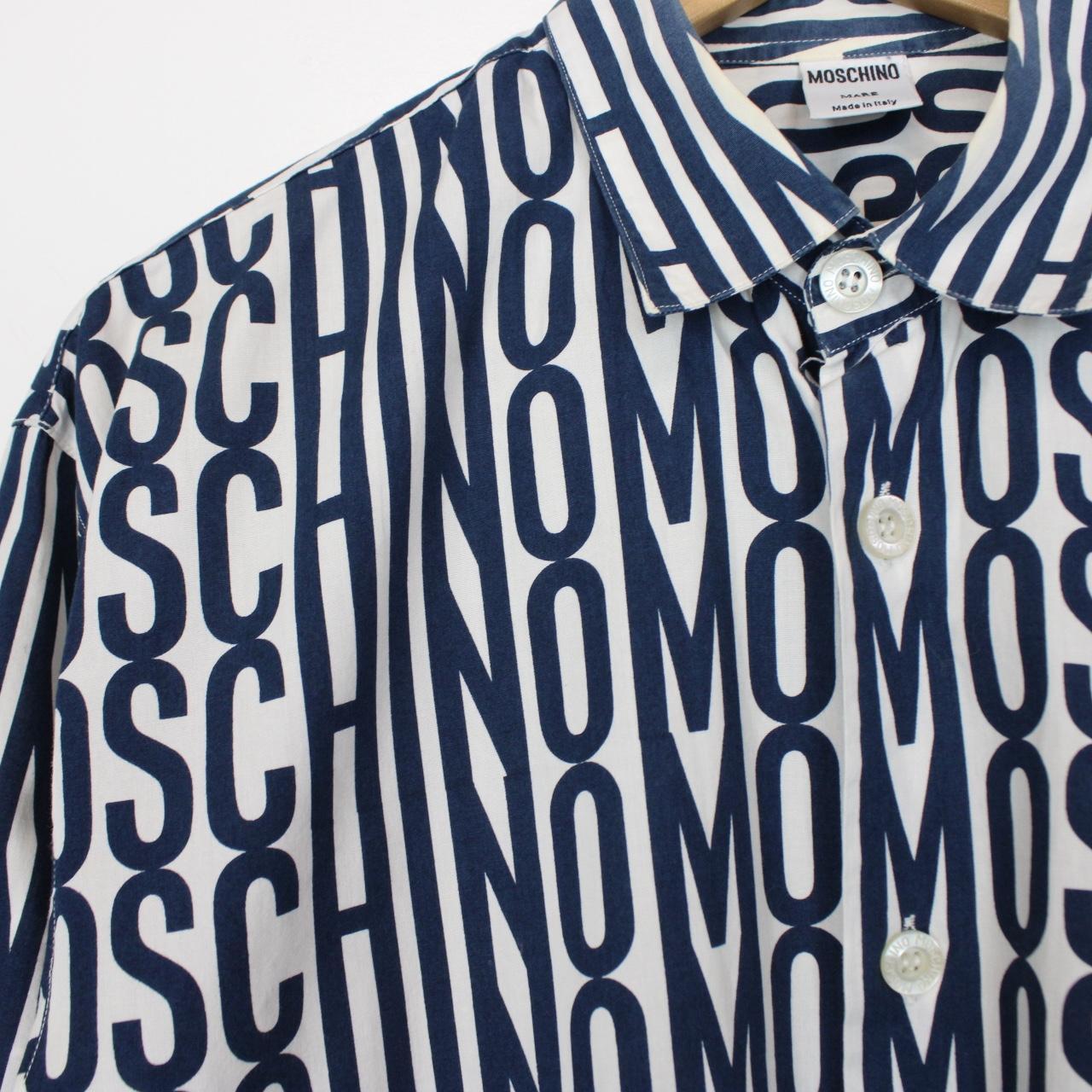 Vintage 90s Moschino Navy Blue and White All Over Logo Long Sleeve Shirt