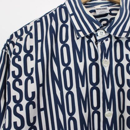 Vintage 90s Moschino Navy Blue and White All Over Logo Long Sleeve Shirt